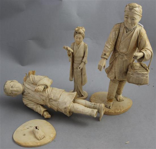 Three Japanese bone and ivory sectional figures, early 20th century, 24.5cm - 17.5cm, losses